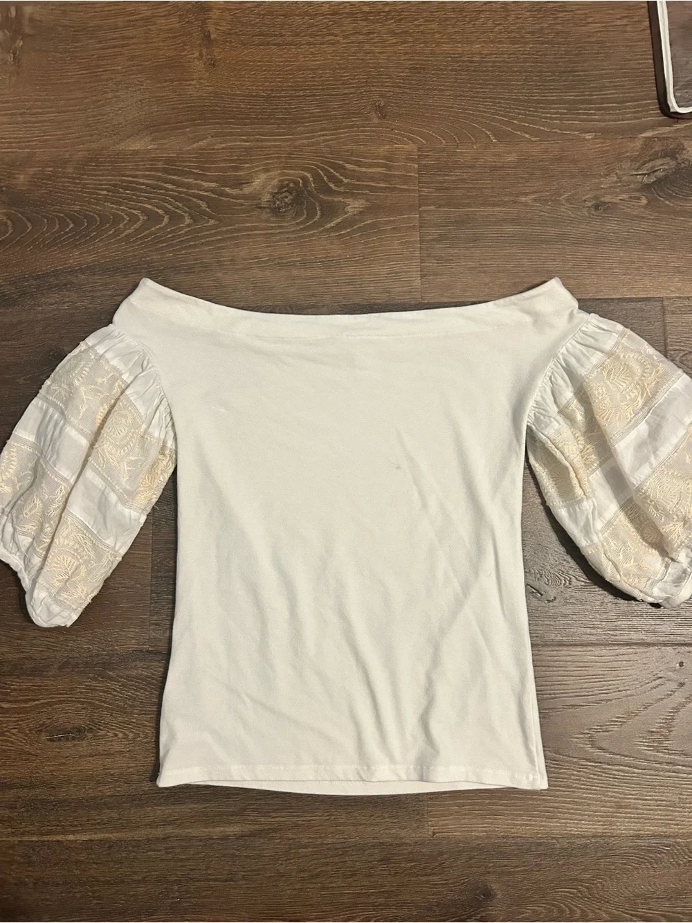 White Off-Shoulder Top with Embroidered Puff Sleeves